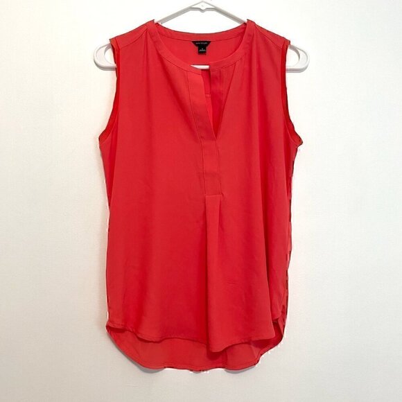 ANN TAYLOR Matte Jersey Shell Coral Split Neck Mixed Media Sleeveless Tank Top S - Picture 2 of 14